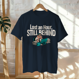 Hanged Up T-Shirt mockup - Lost an Hour, Still Behind Schedule (CG3930) [dynamic_lifestyle]