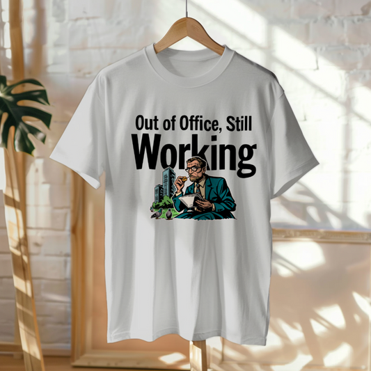 Hanged Up T-Shirt mockup - Out Of Office, Still Working (CG904) [dynamic_lifestyle]