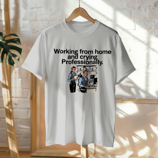 Hanged Up T-Shirt mockup - Working from home and crying professionally. (CG3915) [dynamic_lifestyle]