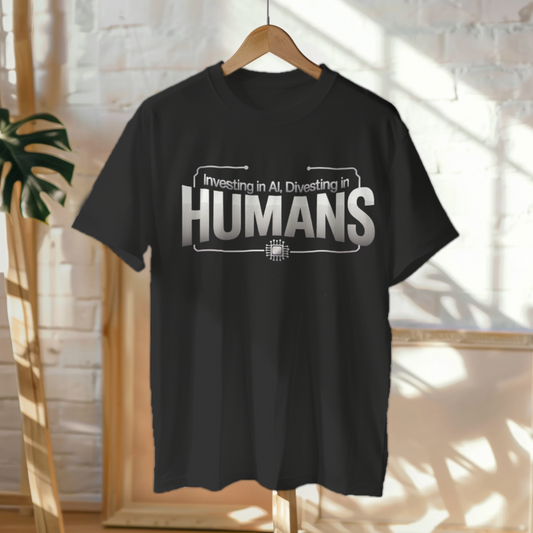 Hanged Up T-Shirt mockup - Investing in AI, Divesting in Humans (CG4159) [dynamic_lifestyle]