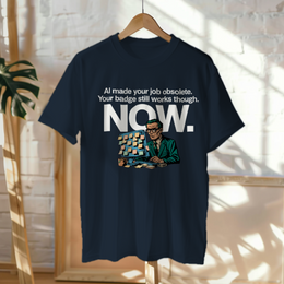 Hanged Up T-Shirt mockup - AI MADE YOUR JOB OBSOLETE. YOUR BADGE STILL WOR... (CG8005) [dynamic_lifestyle]