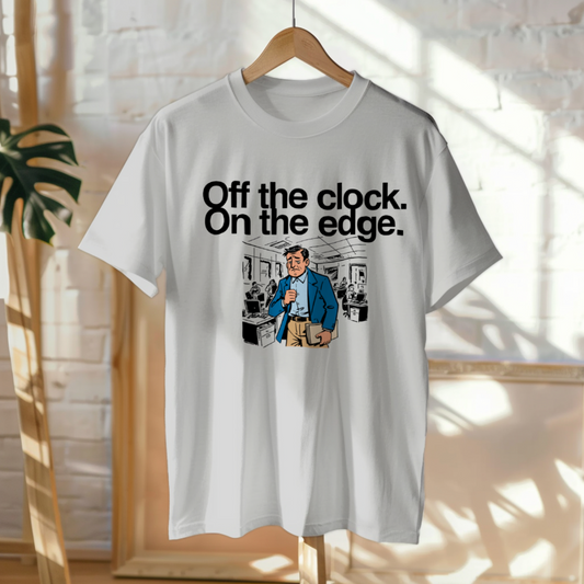 Hanged Up T-Shirt mockup - Off the Clock, On the Edge (CG5025) [dynamic_lifestyle] | v=1774651256531