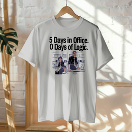 Hanged Up T-Shirt mockup - 5 DAYS IN OFFICE, 0 DAYS OF LOGIC (CG4720) [dynamic_lifestyle]