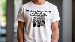 Man Wearing T-Shirt mockup - Working from home and crying professionally. (CG3915) [dynamic_lifestyle]