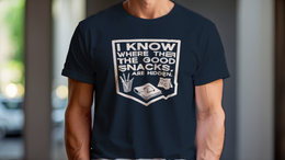 Man Wearing T-Shirt mockup - I know where the good snacks are hidden. (CG3911) [dynamic_lifestyle]