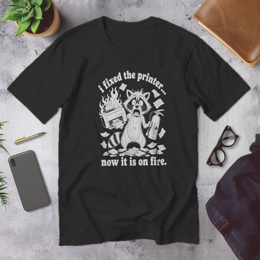 Desk/Office Scene mockup - I FIXED THE PRINTER NOW IT'S ON FIRE (MANUAL_MOT3D5WN) [dynamic_lifestyle]
