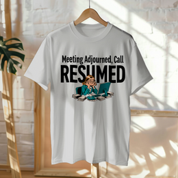 Hanged Up T-Shirt mockup - Meeting Adjourned, Call Resumed (CG4871) [dynamic_lifestyle]