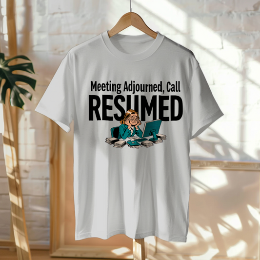 Hanged Up T-Shirt mockup - Meeting Adjourned, Call Resumed (CG4871) [dynamic_lifestyle]