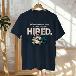 Hanged Up T-Shirt mockup - 30,000 HUMANS FIRED. AI DATA CENTER HIRED. (CG7693) [dynamic_lifestyle]