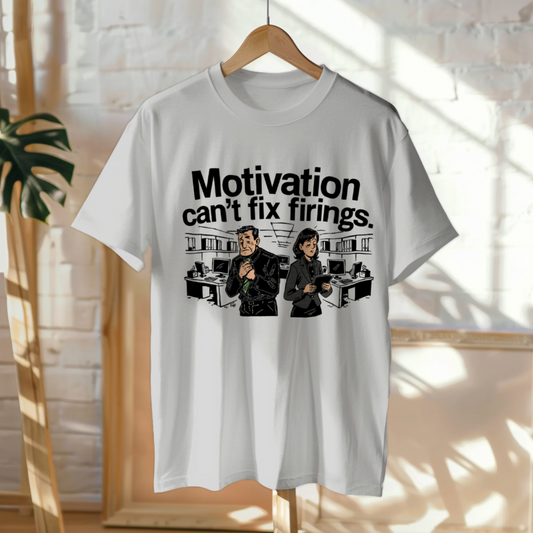 Hanged Up T-Shirt mockup - Motivation Can’t Fix Firings (CG3369) [dynamic_lifestyle]
