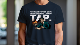 Man Wearing T-Shirt mockup - FIRED AND FORCED BACK. THE CORPORATE DOUBLE TAP. (CG7702) [dynamic_lifestyle]